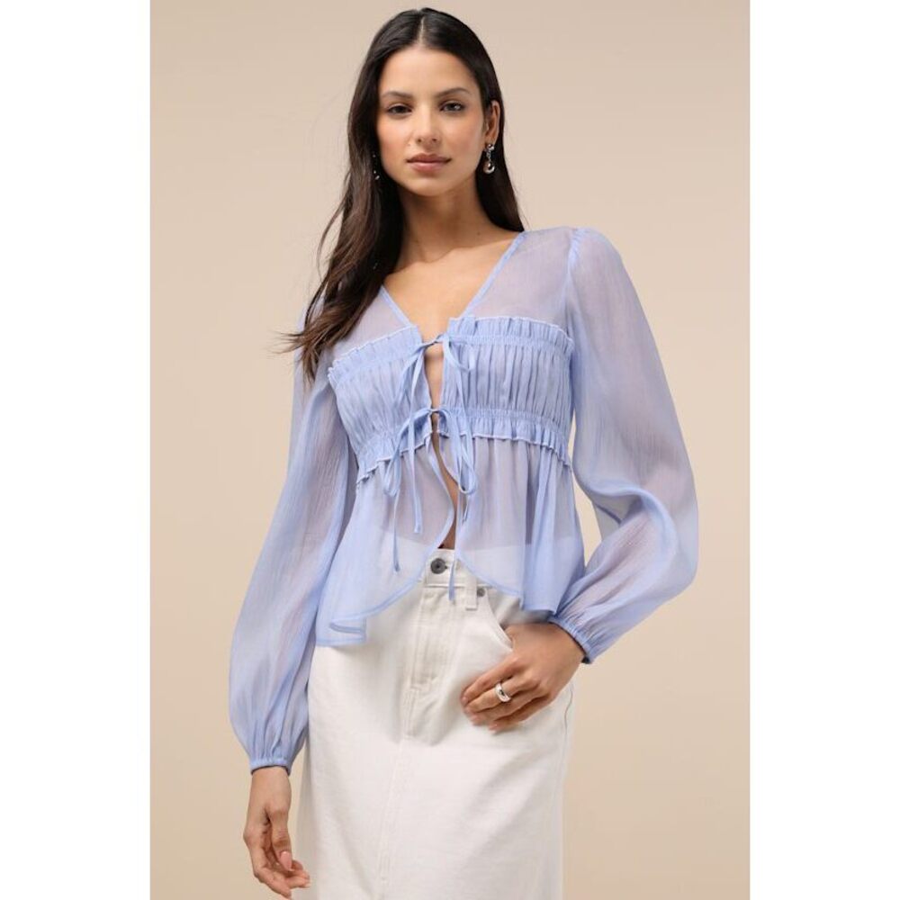 NWT Lulus Kyler Blue Sheer Tie-front Long Sleeve Top - Size XS